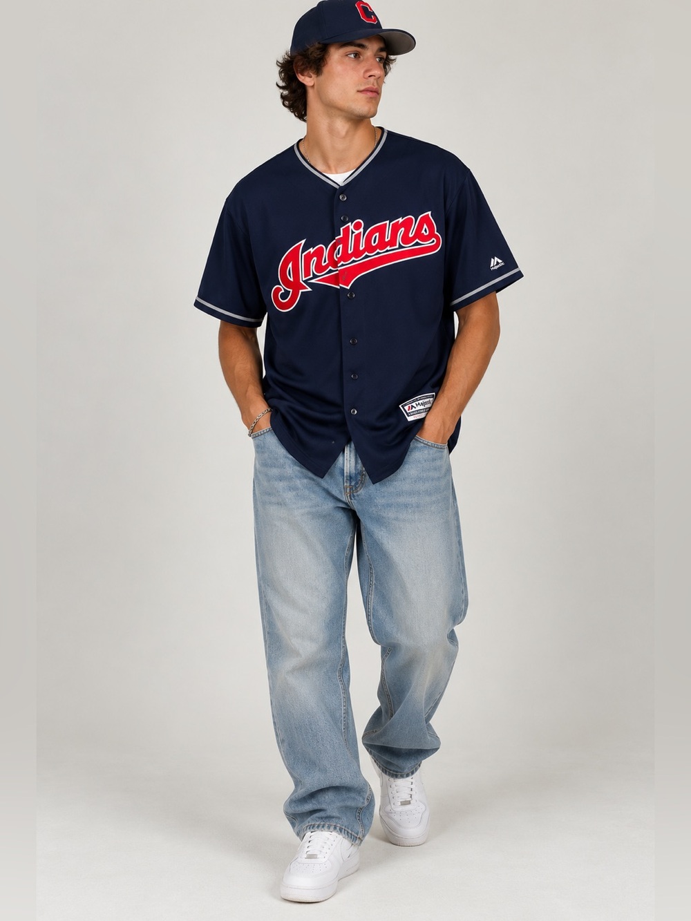 MLB Majestic Cool Base Cleveland Indians Guardians Throwback Jersey Size L